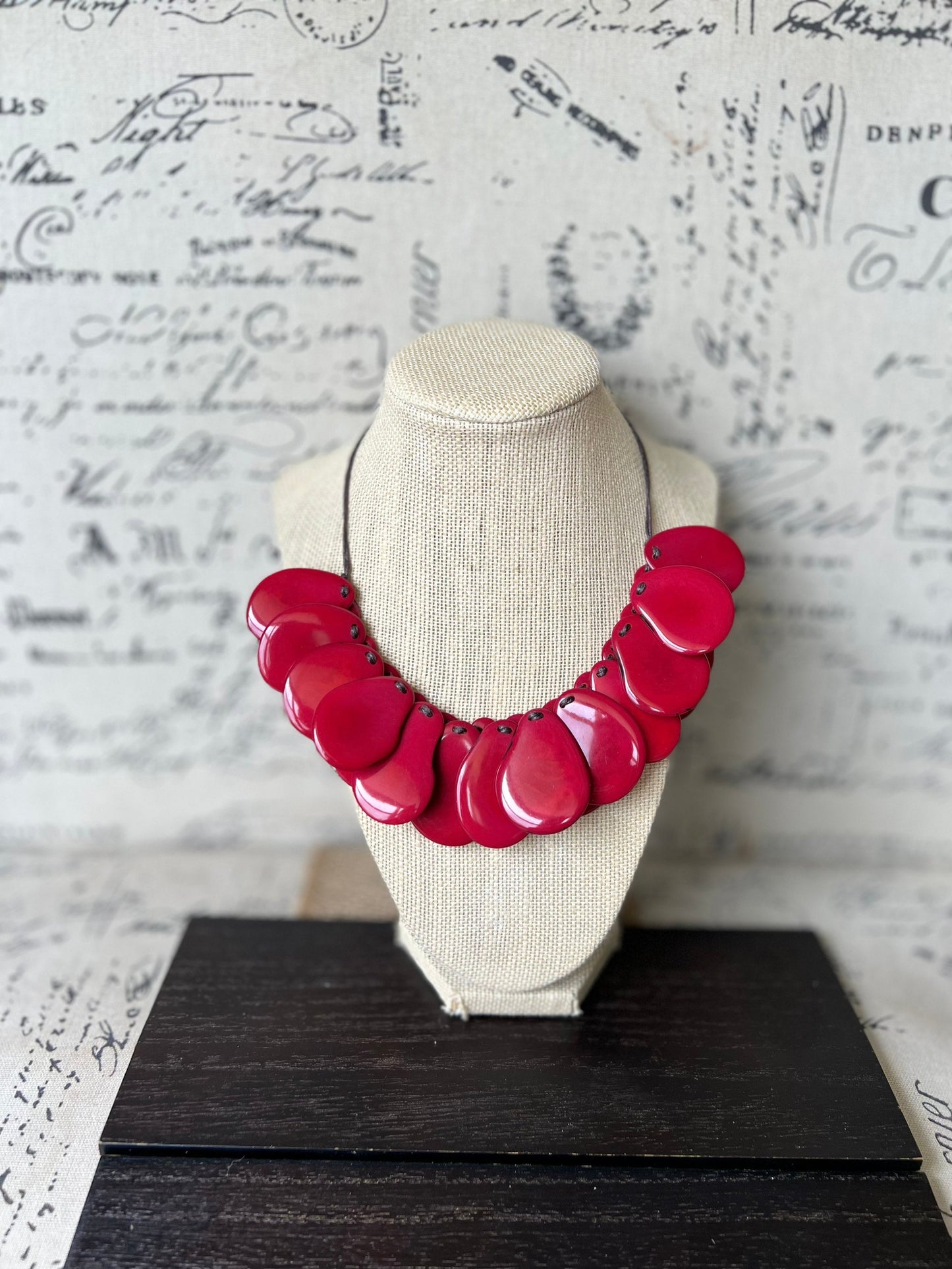 Red statement necklaces for women Tagua necklace Adjustable cord Handmade beaded necklaces Wearable art Fall fashion Beach wear Artsy gift