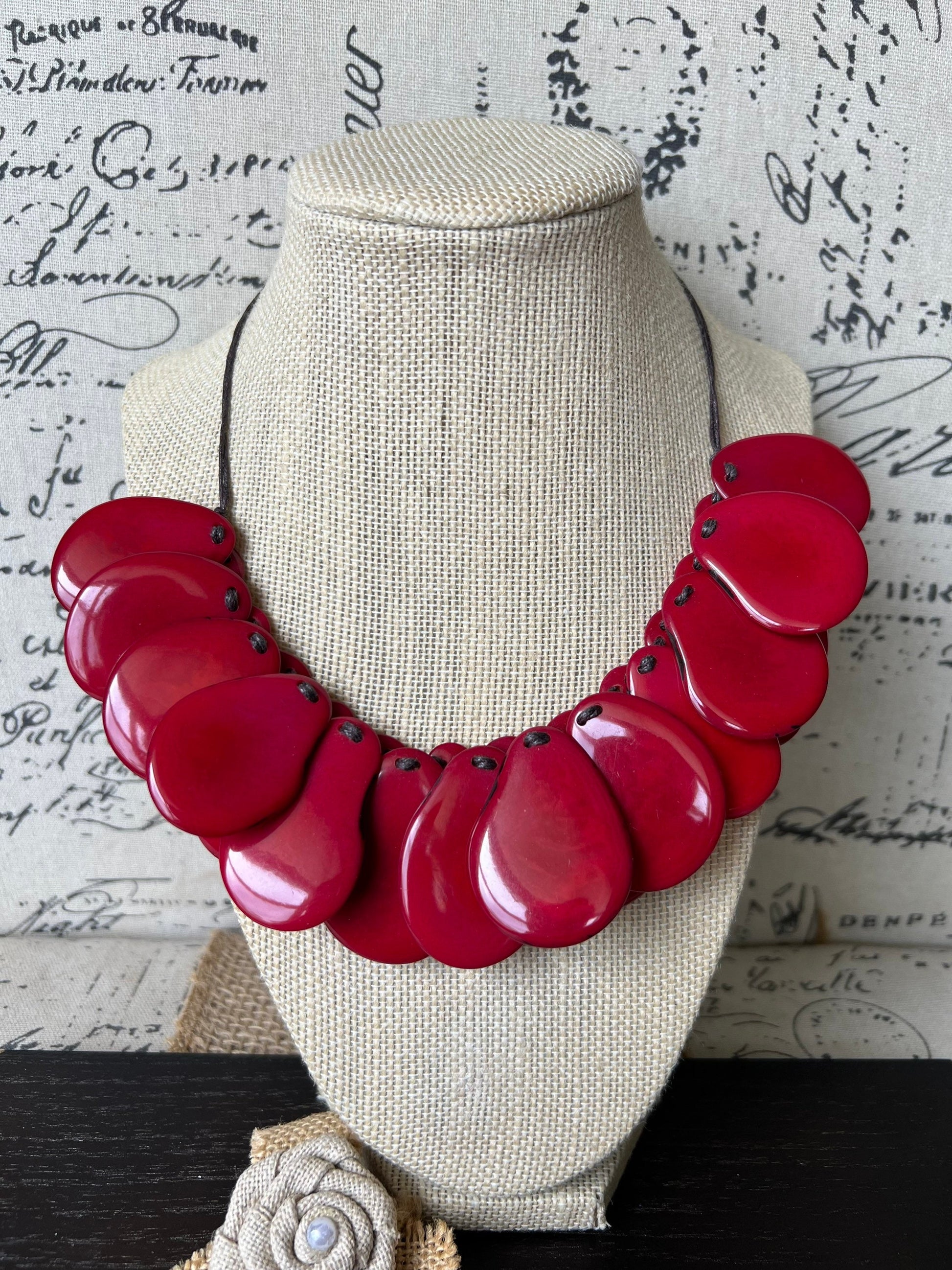 Red statement necklaces for women Tagua necklace Adjustable cord Handmade beaded necklaces Wearable art Fall fashion Beach wear Artsy gift