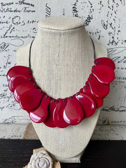 Red statement necklaces for women Tagua necklace Adjustable cord Handmade beaded necklaces Wearable art Fall fashion Beach wear Artsy gift