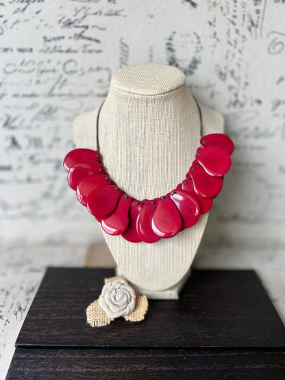 Red statement necklaces for women Tagua necklace Adjustable cord Handmade beaded necklaces Wearable art Fall fashion Beach wear Artsy gift