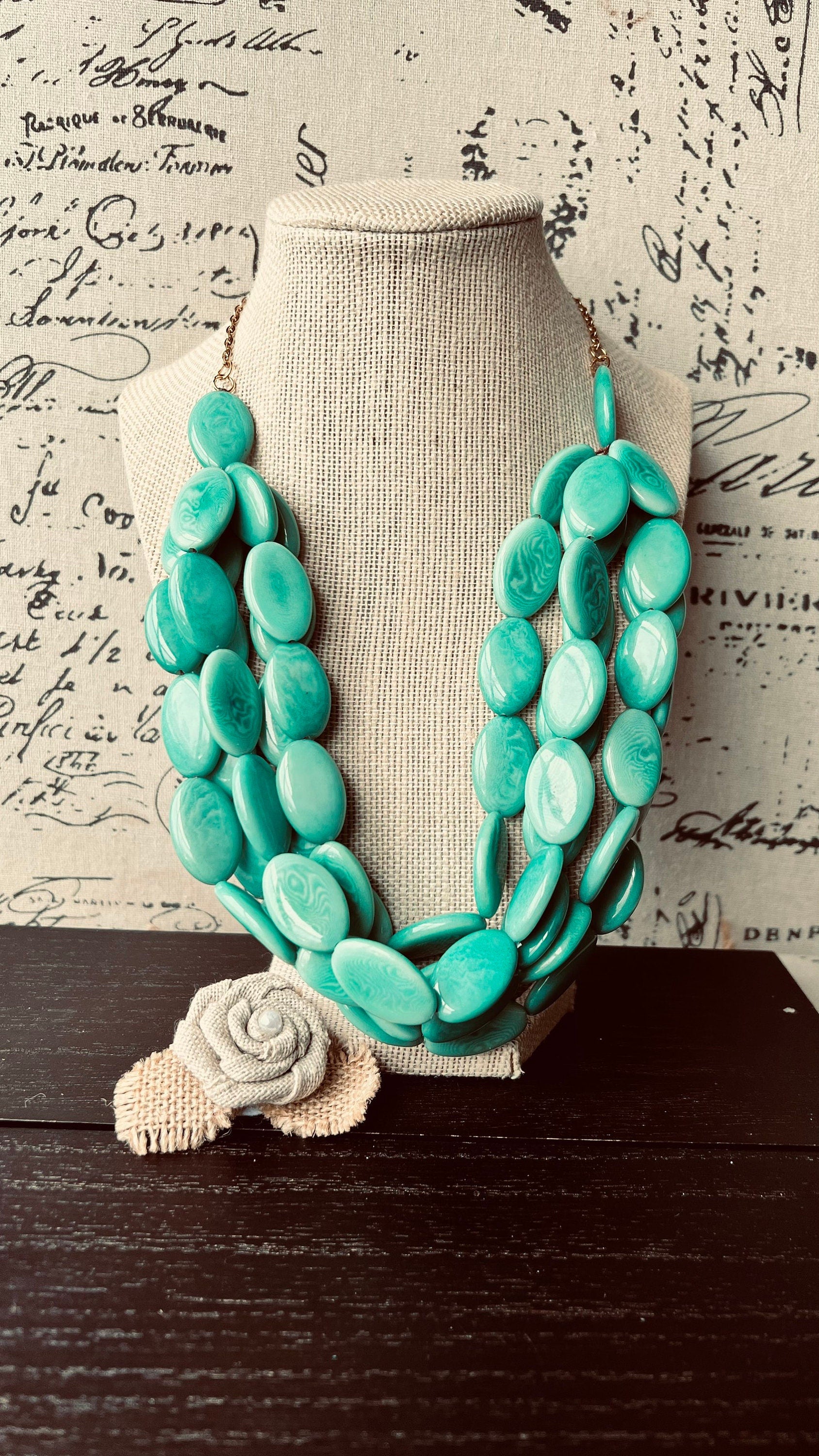 Turquoise Green Tagua Nut Necklace with Golden Chain: Handmade Multi Strand Bib Necklace