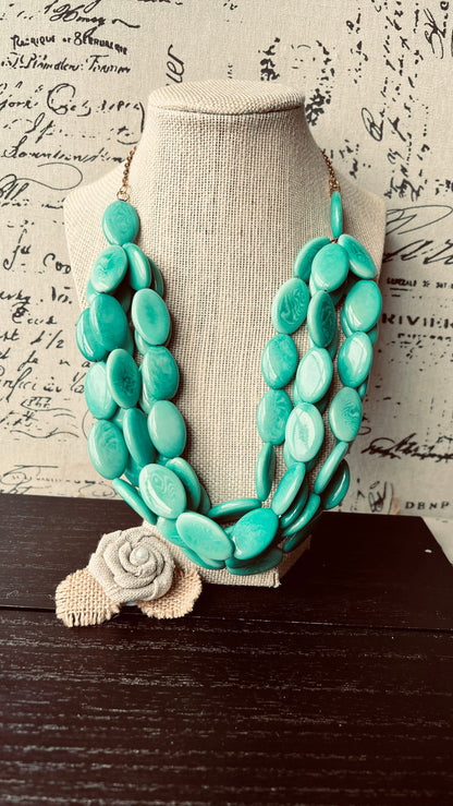 Turquoise Green Tagua Nut Necklace with Golden Chain: Handmade Multi Strand Bib Necklace