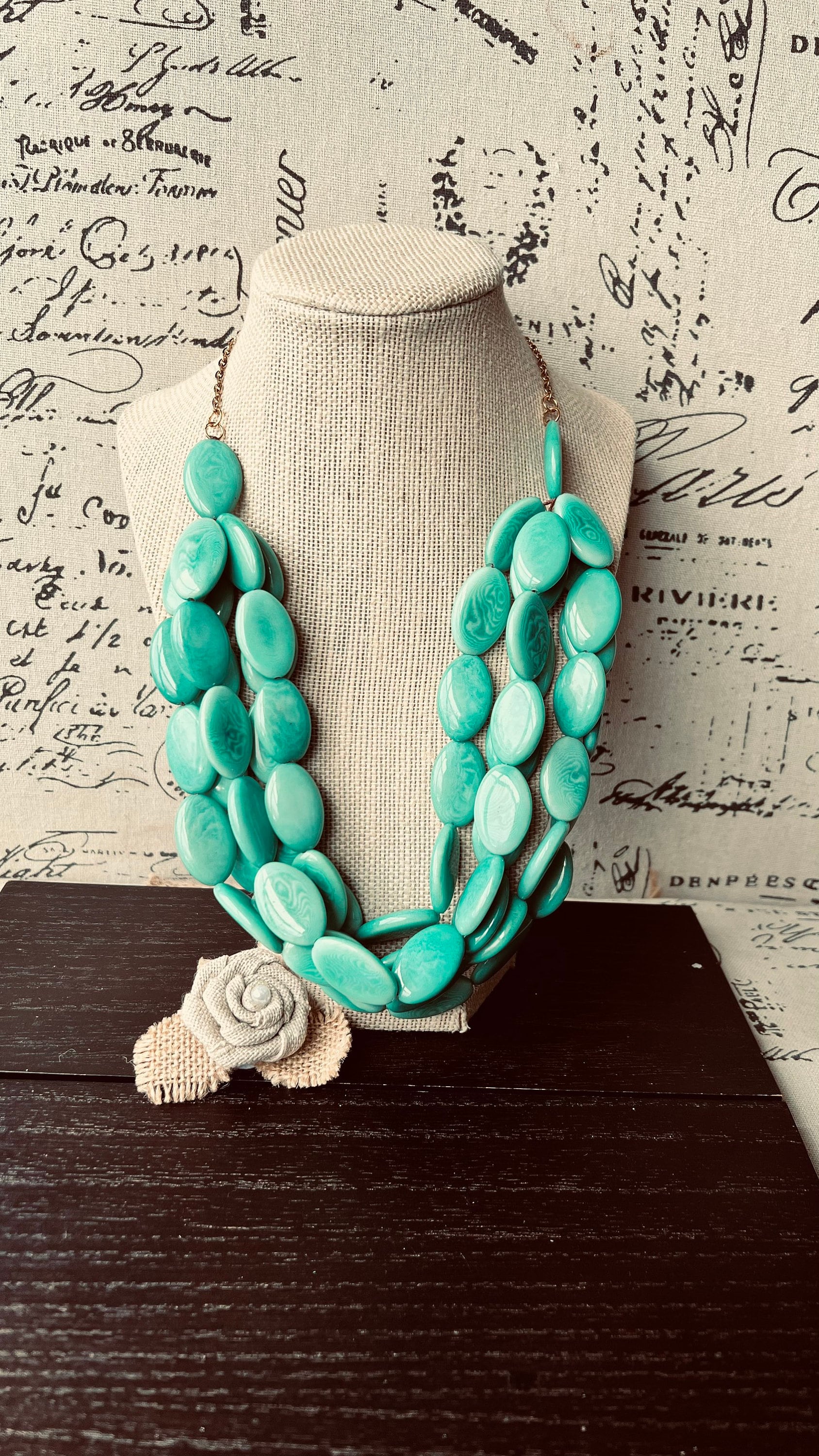 Turquoise Green Tagua Nut Necklace with Golden Chain: Handmade Multi Strand Bib Necklace