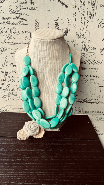 Turquoise Green Tagua Nut Necklace with Golden Chain: Handmade Multi Strand Bib Necklace