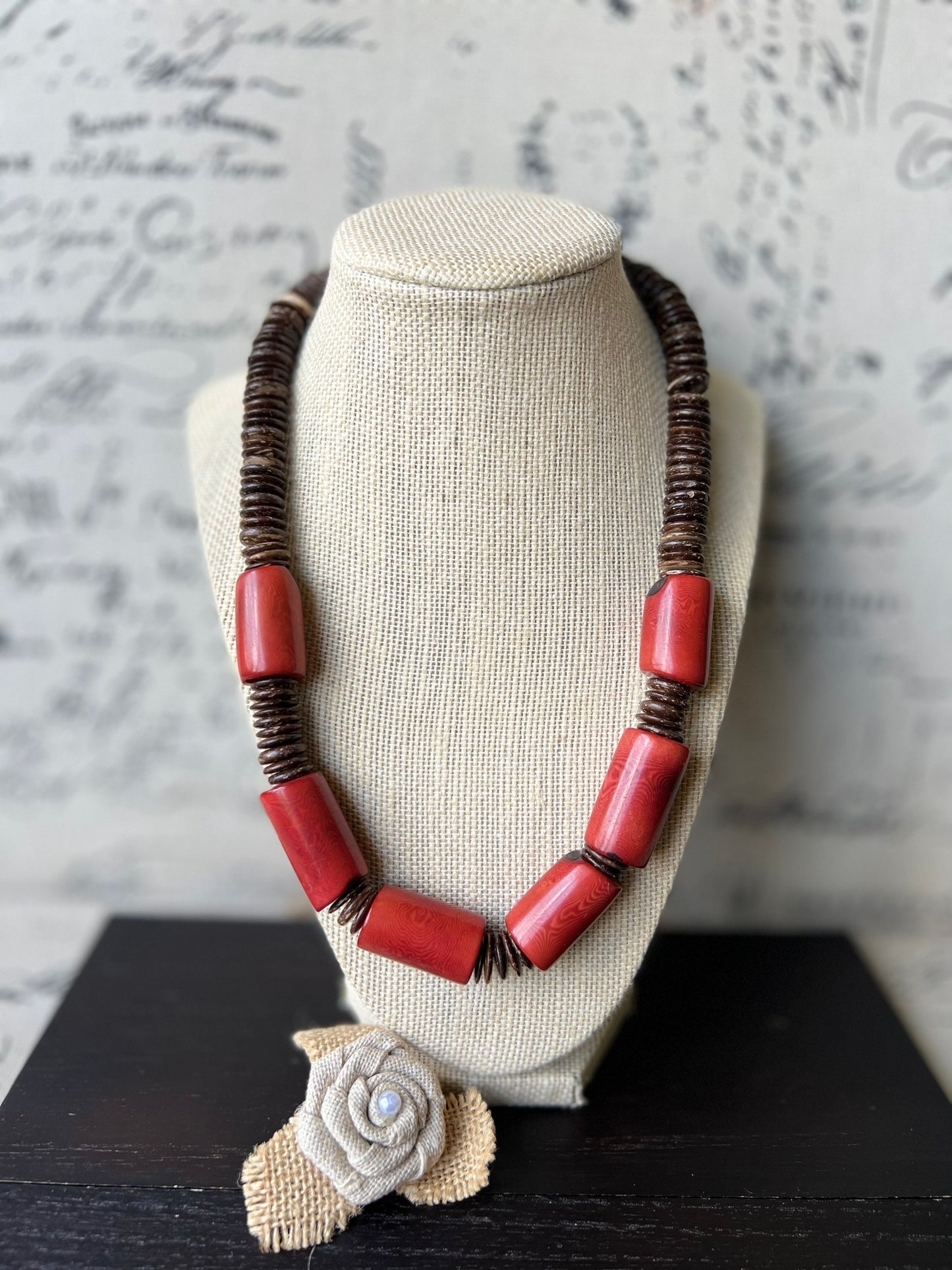 Red Tagua Nut Necklace with Coconut Beads: Handmade Statement Jewelry for Women
