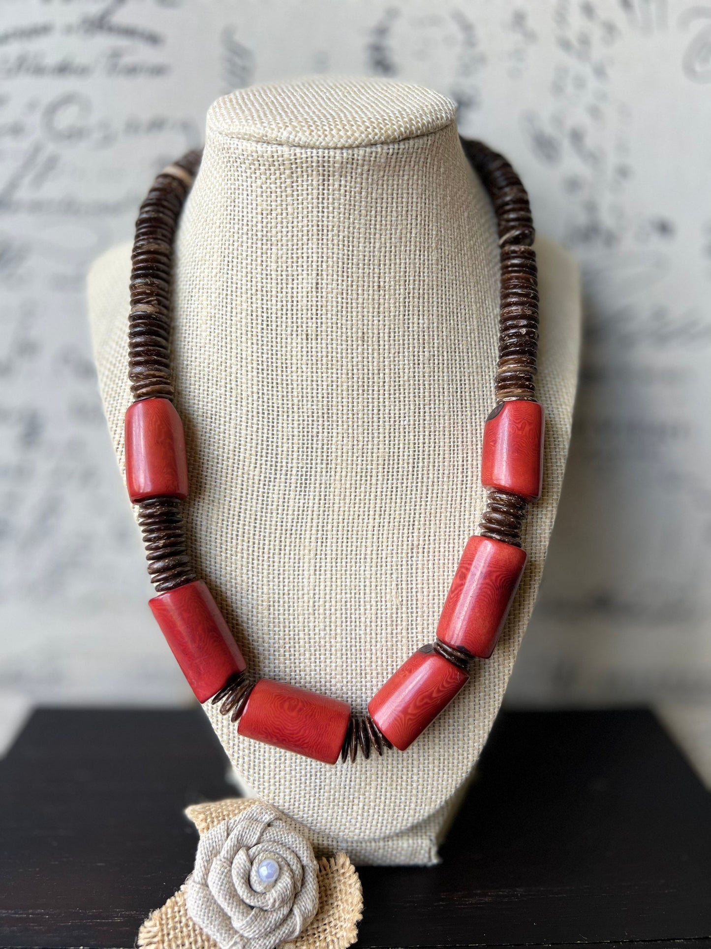 Red Tagua Nut Necklace with Coconut Beads: Handmade Statement Jewelry for Women