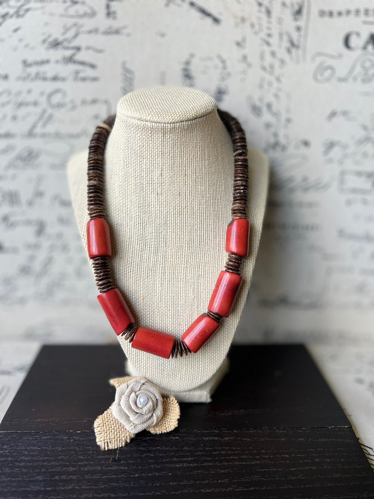 Red Tagua Nut Necklace with Coconut Beads: Handmade Statement Jewelry for Women