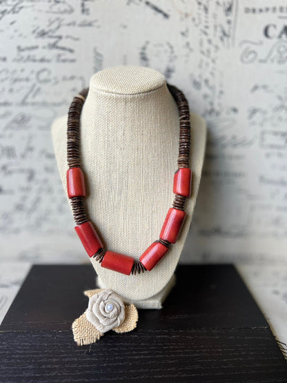 Red Tagua Nut Necklace with Coconut Beads: Handmade Statement Jewelry for Women