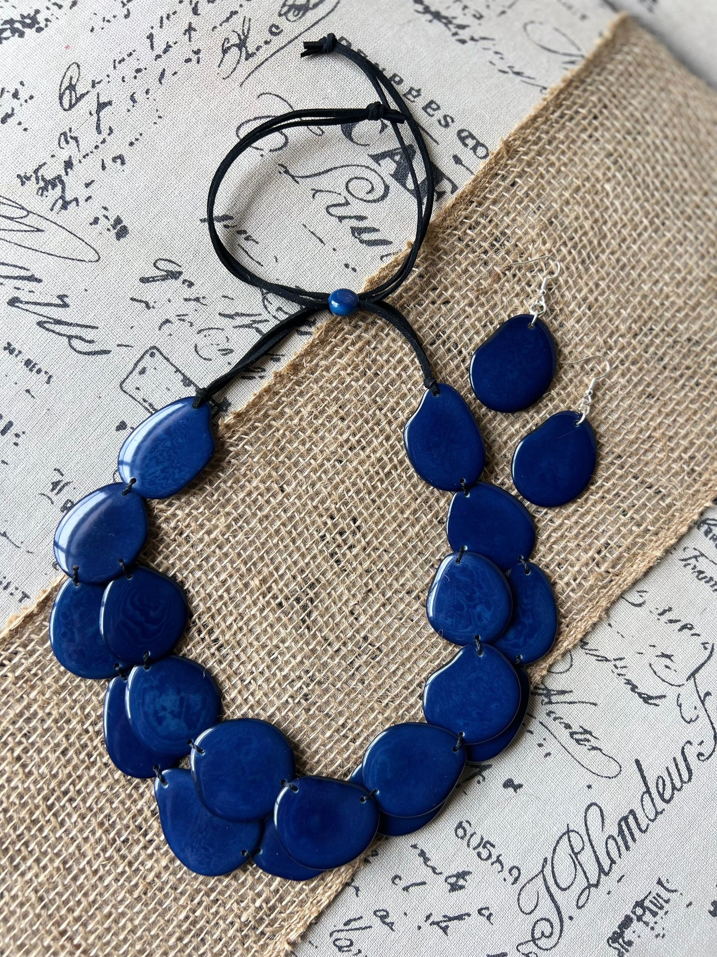 Blue statement necklace set Tagua nut jewelry Fall fashion trends Big bold chunky necklaces 2 Layers Anniversary gifts ideas Christmas gifts
