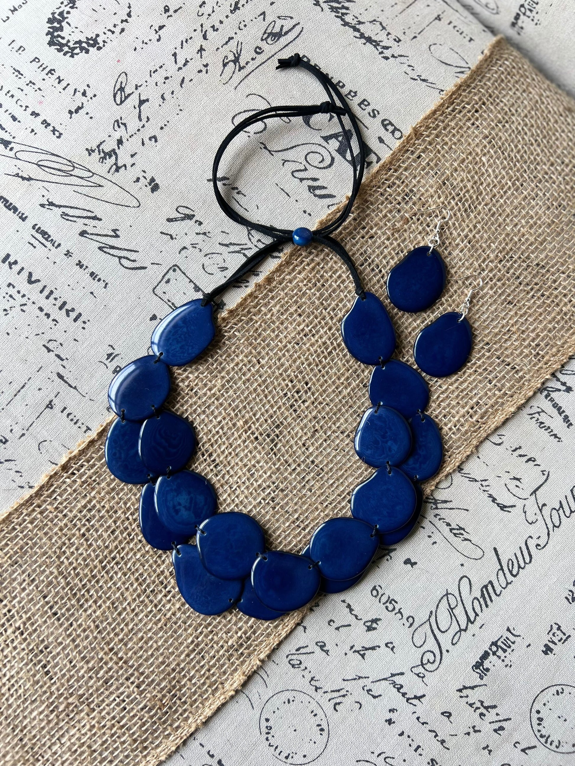 Blue statement necklace set Tagua nut jewelry Fall fashion trends Big bold chunky necklaces 2 Layers Anniversary gifts ideas Christmas gifts