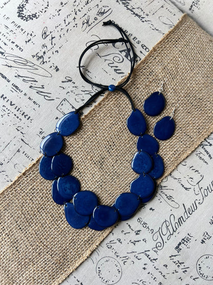Blue statement necklace set Tagua nut jewelry Fall fashion trends Big bold chunky necklaces 2 Layers Anniversary gifts ideas Christmas gifts