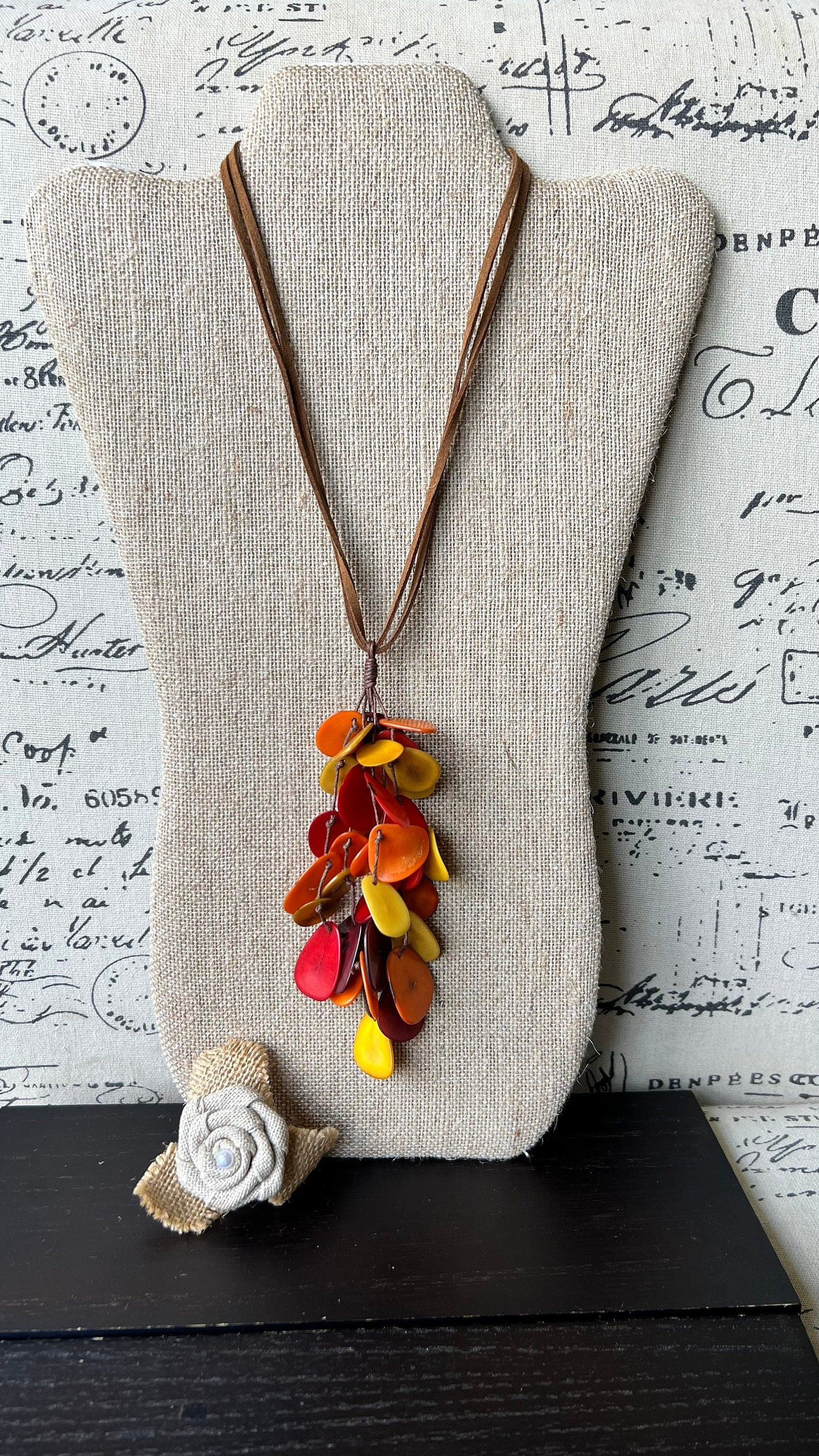 Red orange yellow pendant necklace Boho jewelry Tagua jewelry Adjustable cord Wearable art Fall fashion 2025s Whimsical necklace Lightweight