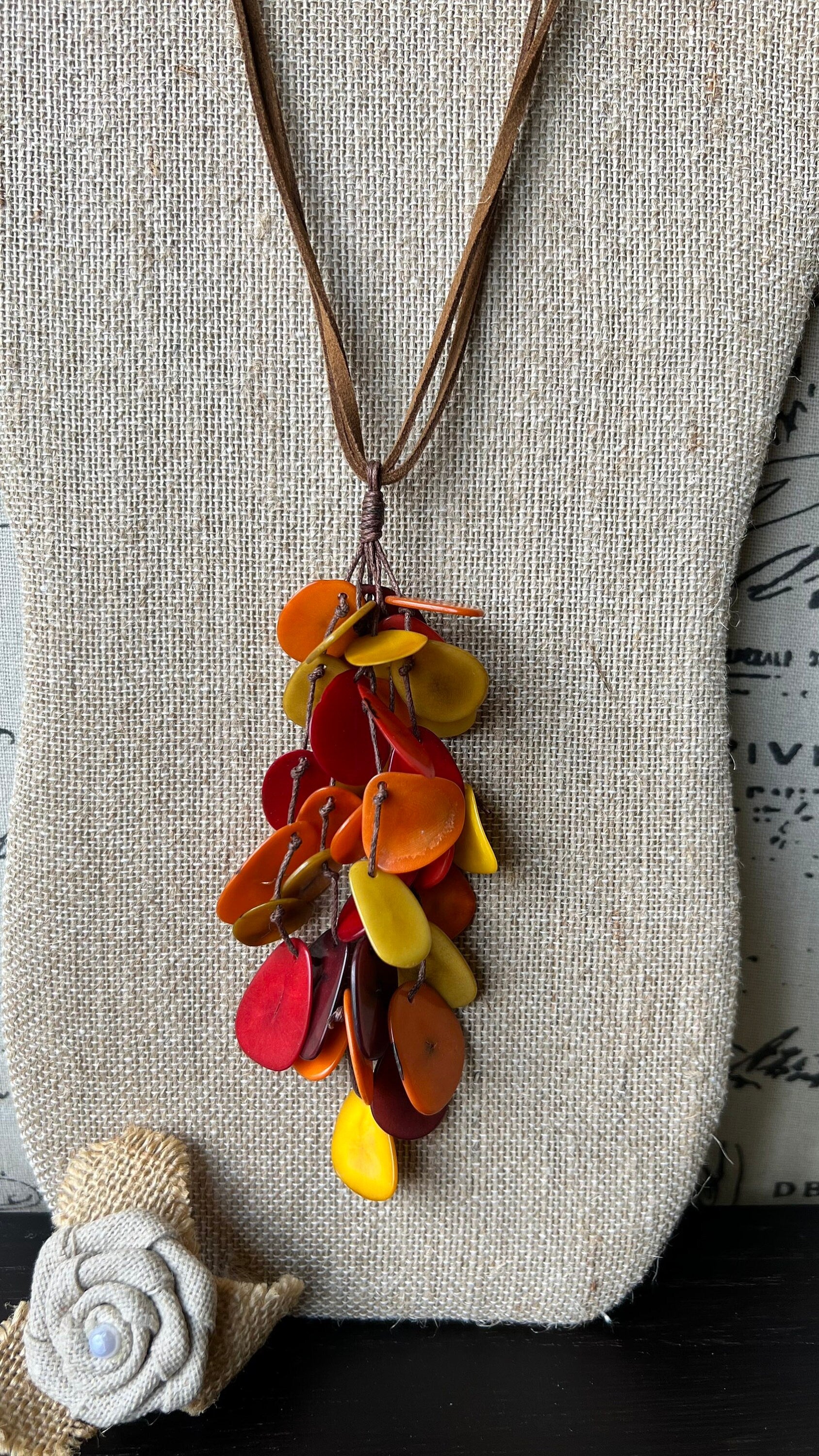 Red orange yellow pendant necklace Boho jewelry Tagua jewelry Adjustable cord Wearable art Fall fashion 2025s Whimsical necklace Lightweight