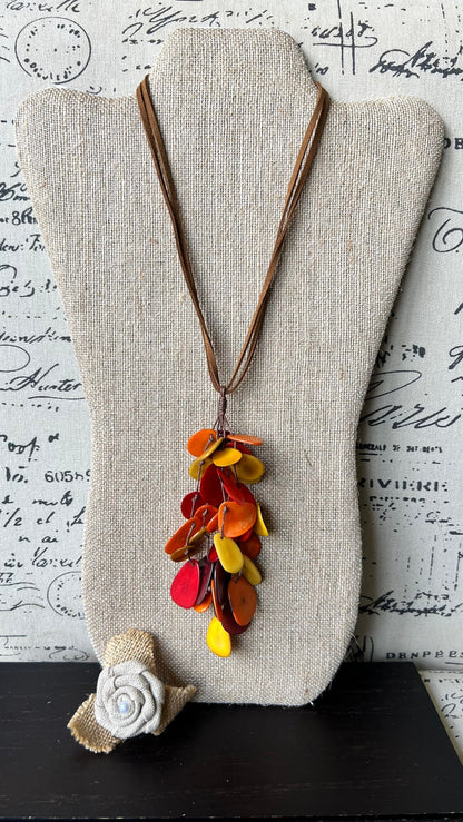 Red orange yellow pendant necklace Boho jewelry Tagua jewelry Adjustable cord Wearable art Fall fashion 2025s Whimsical necklace Lightweight