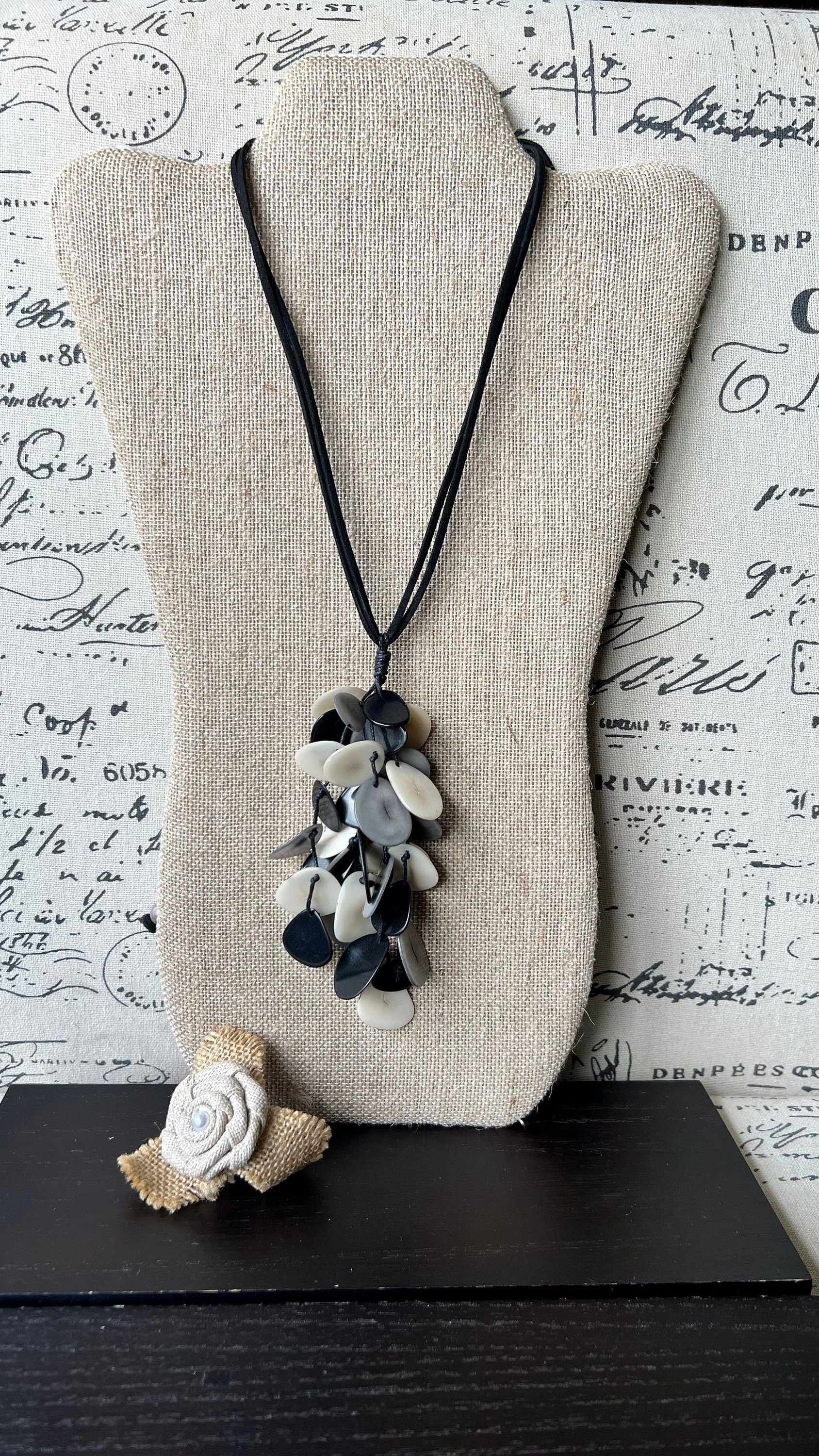 Black white and gray pendant necklace Tagua jewelry Statement necklaces for women Art to wear Fall fashion trends Beach style Artsy gifts