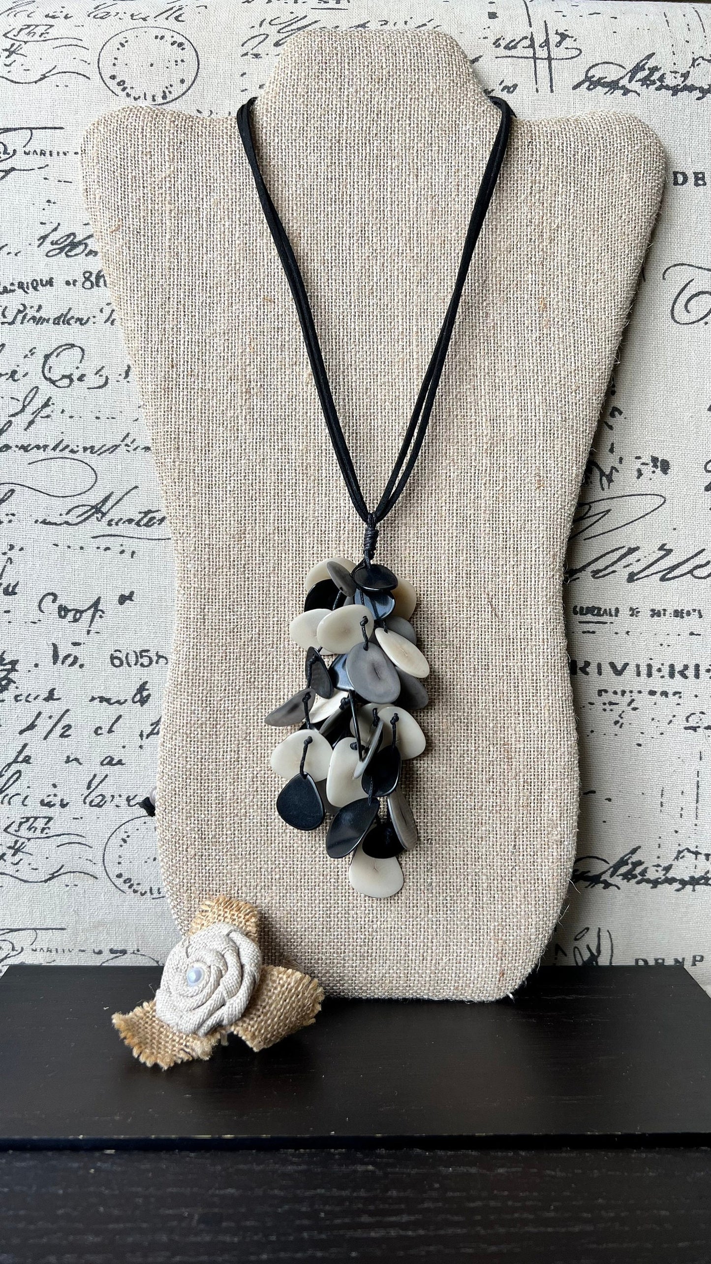 Black white and gray pendant necklace Tagua jewelry Statement necklaces for women Art to wear Fall fashion trends Beach style Artsy gifts