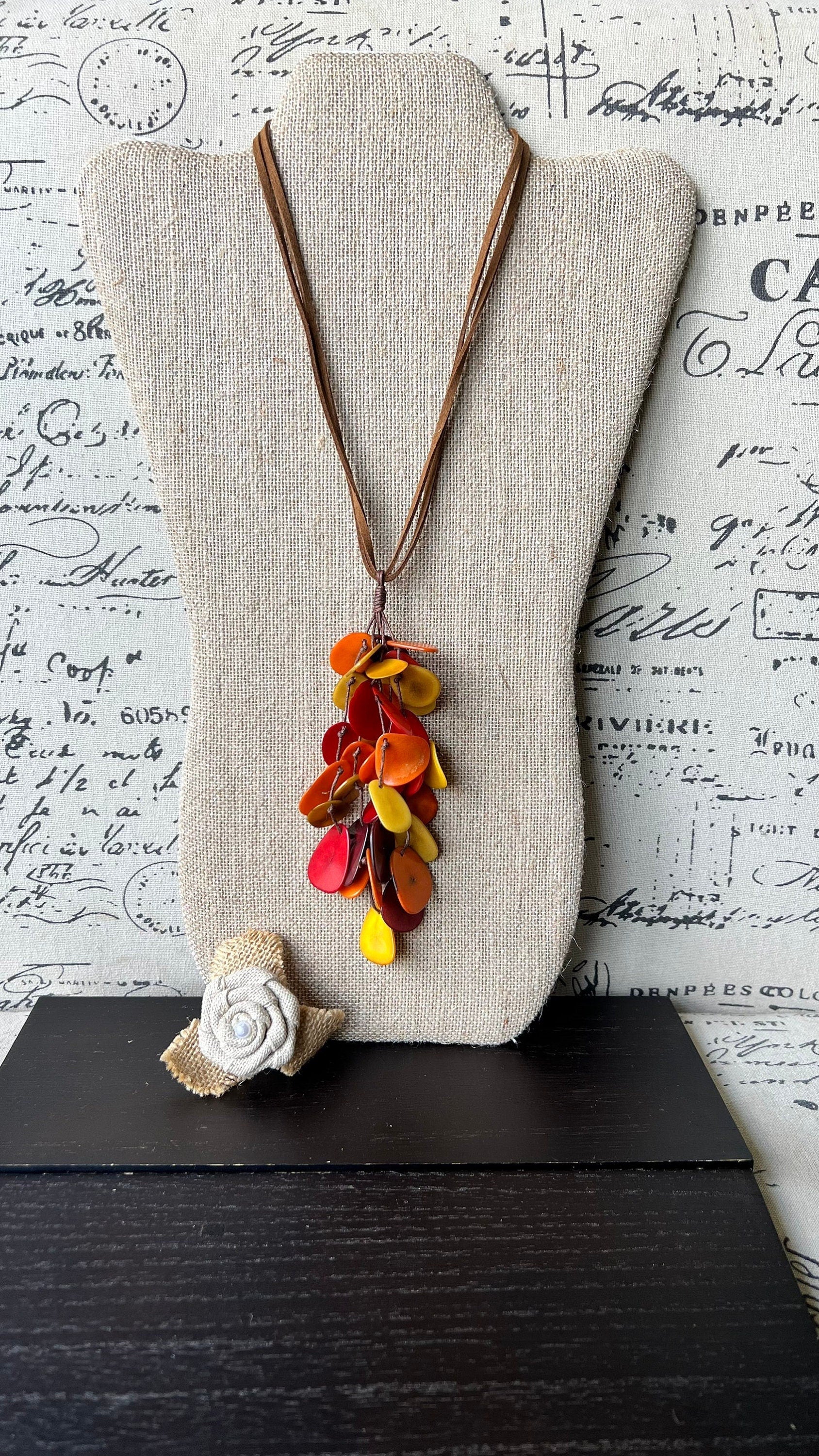 Red orange yellow pendant necklace Boho jewelry Tagua jewelry Adjustable cord Wearable art Fall fashion 2025s Whimsical necklace Lightweight
