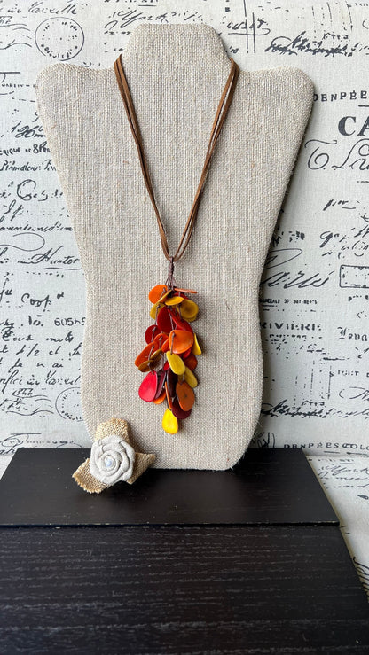 Red orange yellow pendant necklace Boho jewelry Tagua jewelry Adjustable cord Wearable art Fall fashion 2025s Whimsical necklace Lightweight