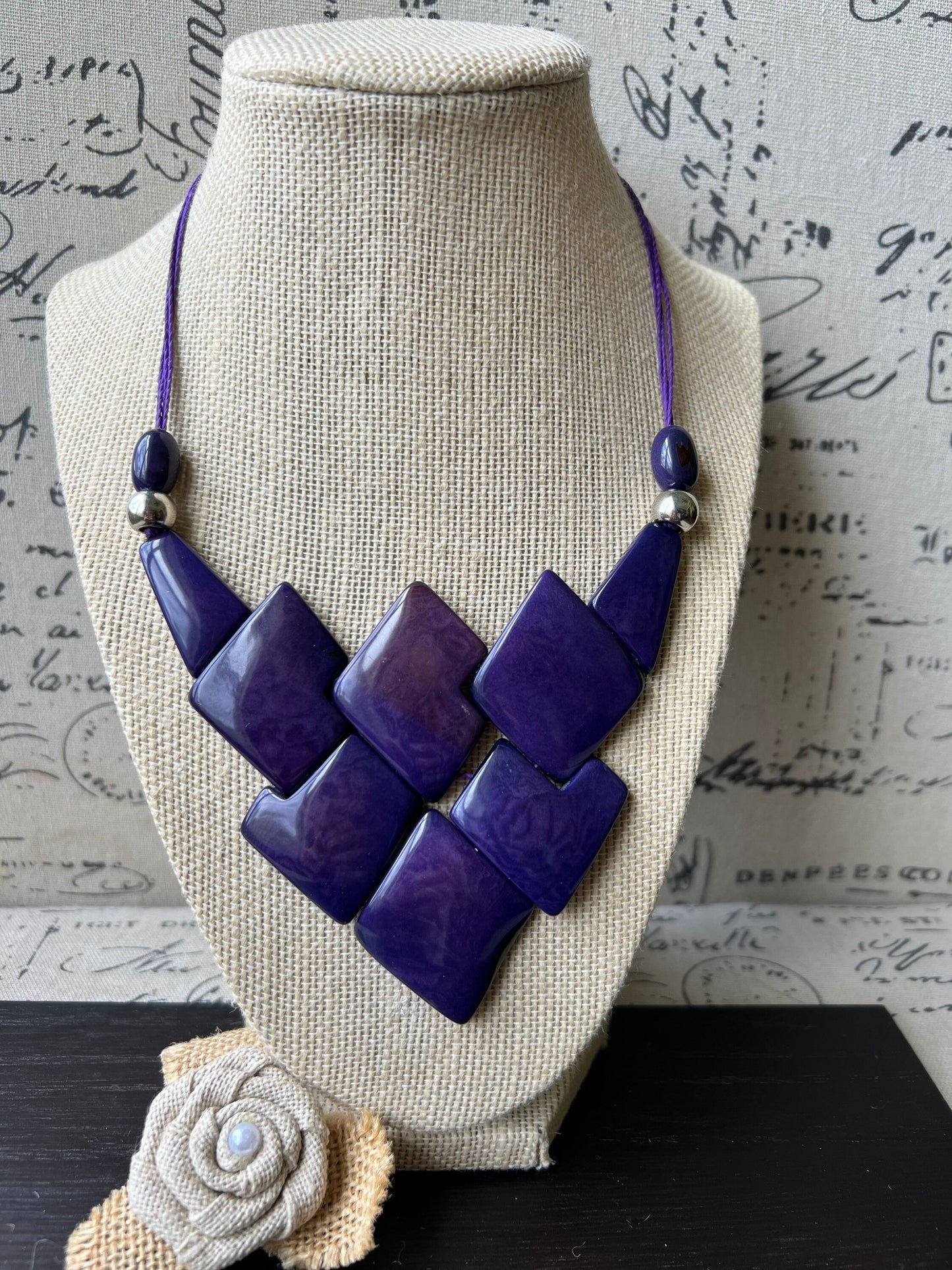 Purple statement necklace Tagua jewelry Handmade beaded necklace Adjustable cord Geometric necklace Fall fashion cruise wear Artsy gifts