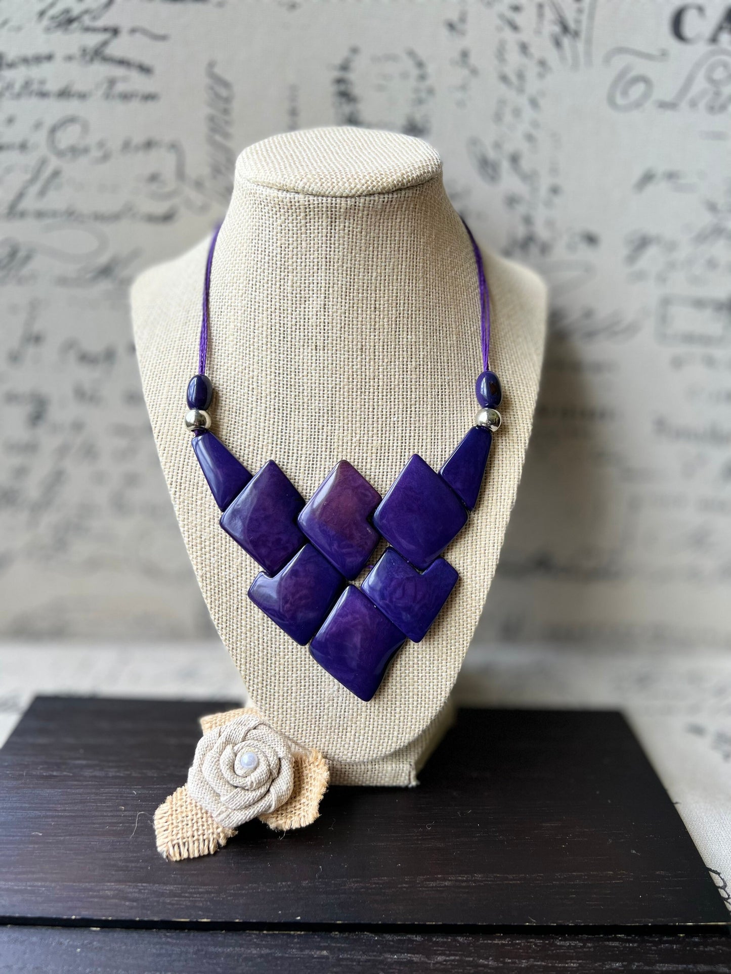 Purple statement necklace Tagua jewelry Handmade beaded necklace Adjustable cord Geometric necklace Fall fashion cruise wear Artsy gifts