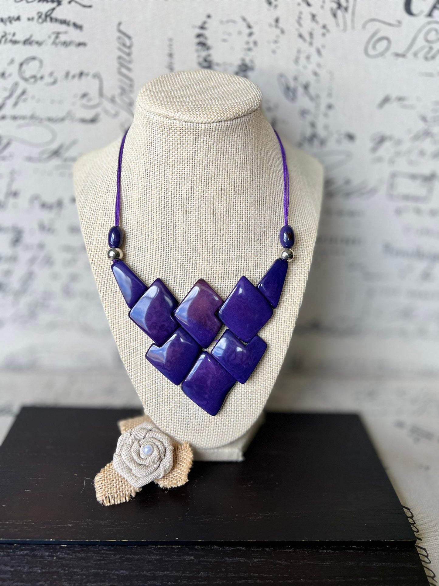 Purple statement necklace Tagua jewelry Handmade beaded necklace Adjustable cord Geometric necklace Fall fashion cruise wear Artsy gifts