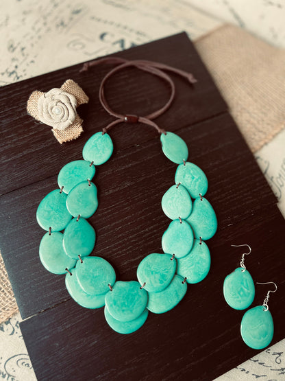 Turquoise statement necklace and earrings set Tagua nut jewelry Adjustable cord Big bold necklaces Fall fashion Wearable art Cruise wear