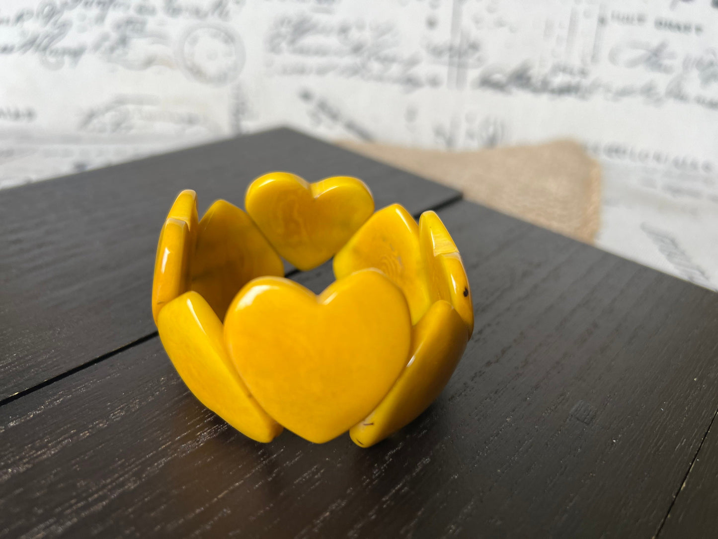 Yellow heart bracelet for women Tagua jewelry Love beaded bracelet Elastic stretch bracelet Fall fashion Art to wear Statement jewelry