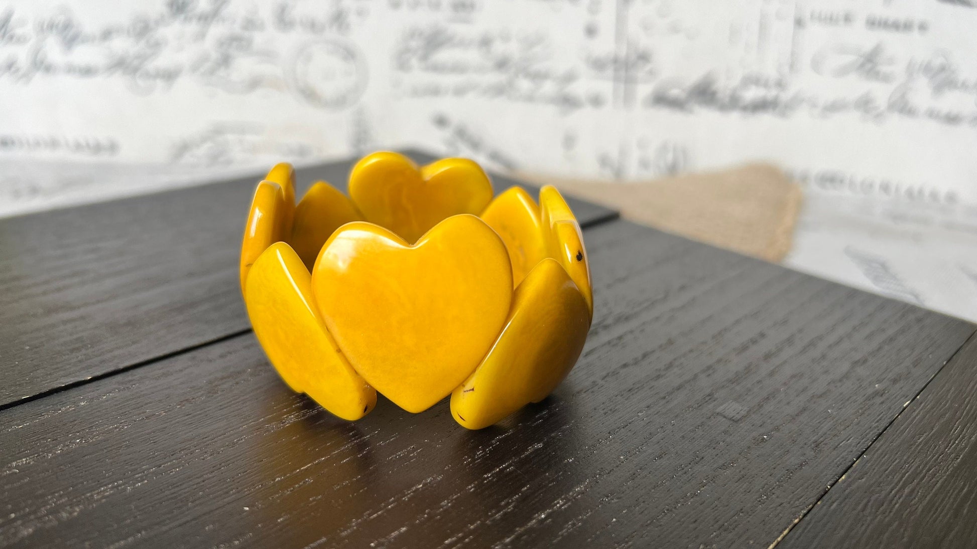 Yellow heart bracelet for women Tagua jewelry Love beaded bracelet Elastic stretch bracelet Fall fashion Art to wear Statement jewelry