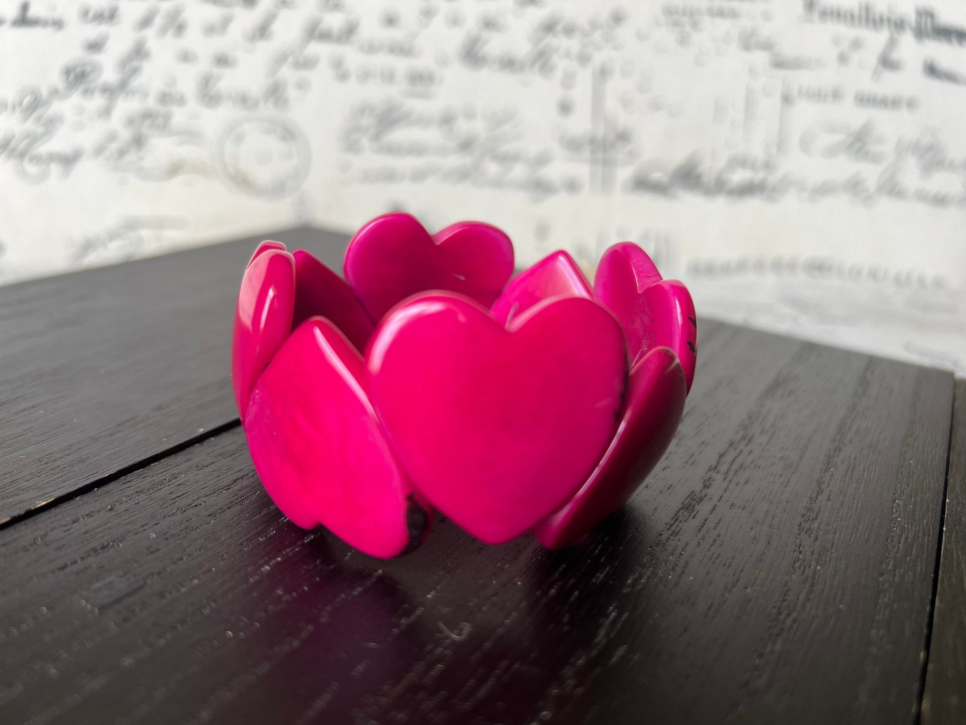 Hot pink heart bracelet Mother's Day gifts Tagua jewelry Love jewelry Weatable art Easter basket gifts Art to wear Stretch beaded bracelet