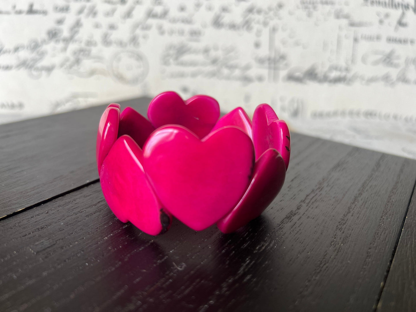 Hot pink heart bracelet Mother's Day gifts Tagua jewelry Love jewelry Weatable art Easter basket gifts Art to wear Stretch beaded bracelet