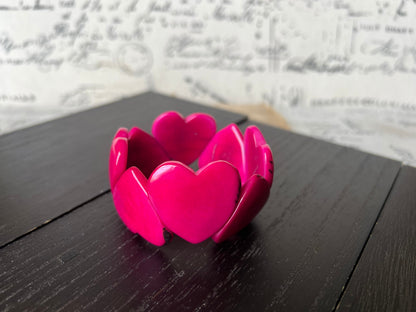 Hot pink heart bracelet Mother's Day gifts Tagua jewelry Love jewelry Weatable art Easter basket gifts Art to wear Stretch beaded bracelet