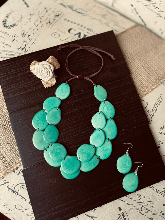 Turquoise statement necklace and earrings set Tagua nut jewelry Adjustable cord Big bold necklaces Fall fashion Wearable art Cruise wear
