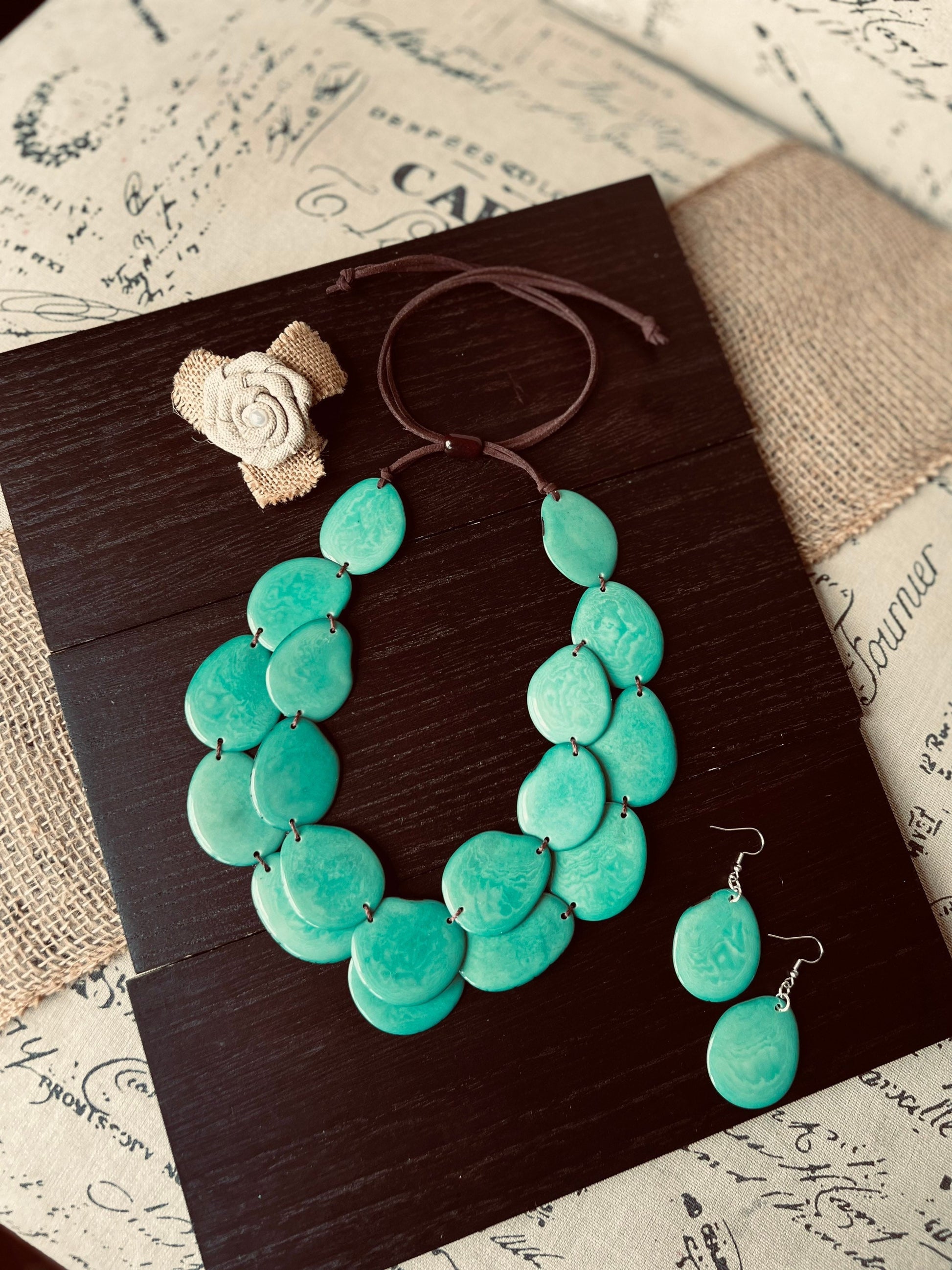 Turquoise statement necklace and earrings set Tagua nut jewelry Adjustable cord Big bold necklaces Fall fashion Wearable art Cruise wear