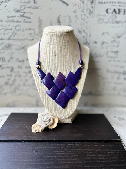 Purple statement necklace Tagua jewelry Handmade beaded necklace Adjustable cord Geometric necklace Fall fashion cruise wear Artsy gifts