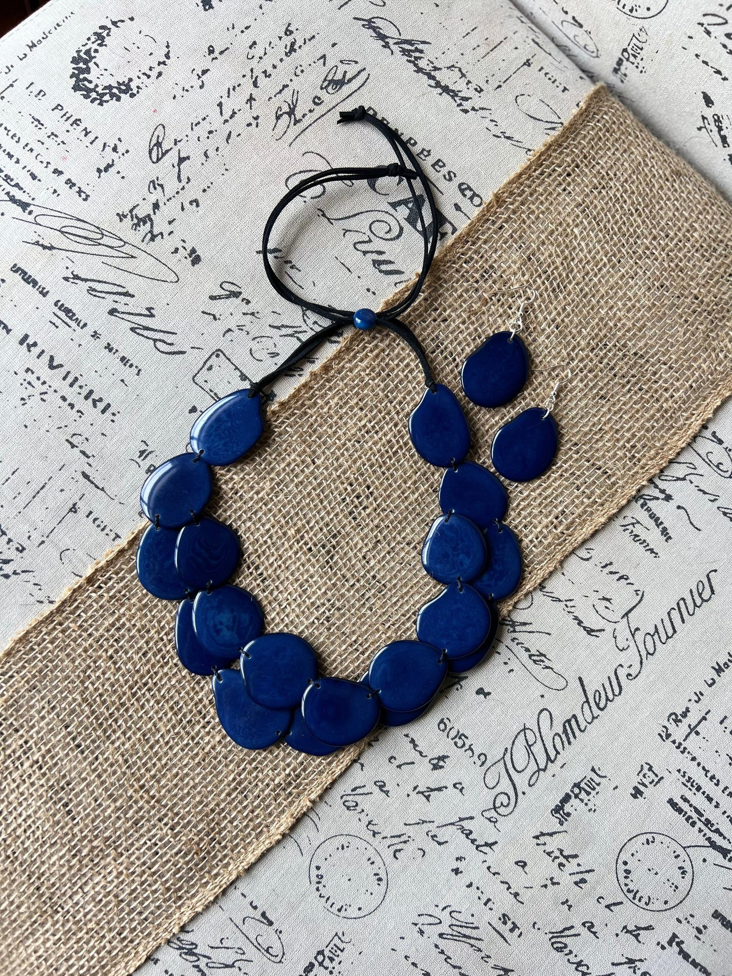 Blue statement necklace set Tagua nut jewelry Fall fashion trends Big bold chunky necklaces 2 Layers Anniversary gifts ideas Christmas gifts