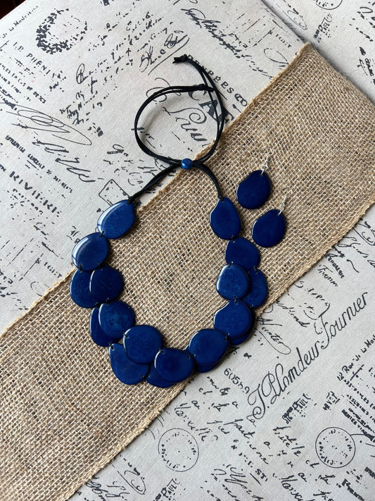 Blue statement necklace set Tagua nut jewelry Fall fashion trends Big bold chunky necklaces 2 Layers Anniversary gifts ideas Christmas gifts