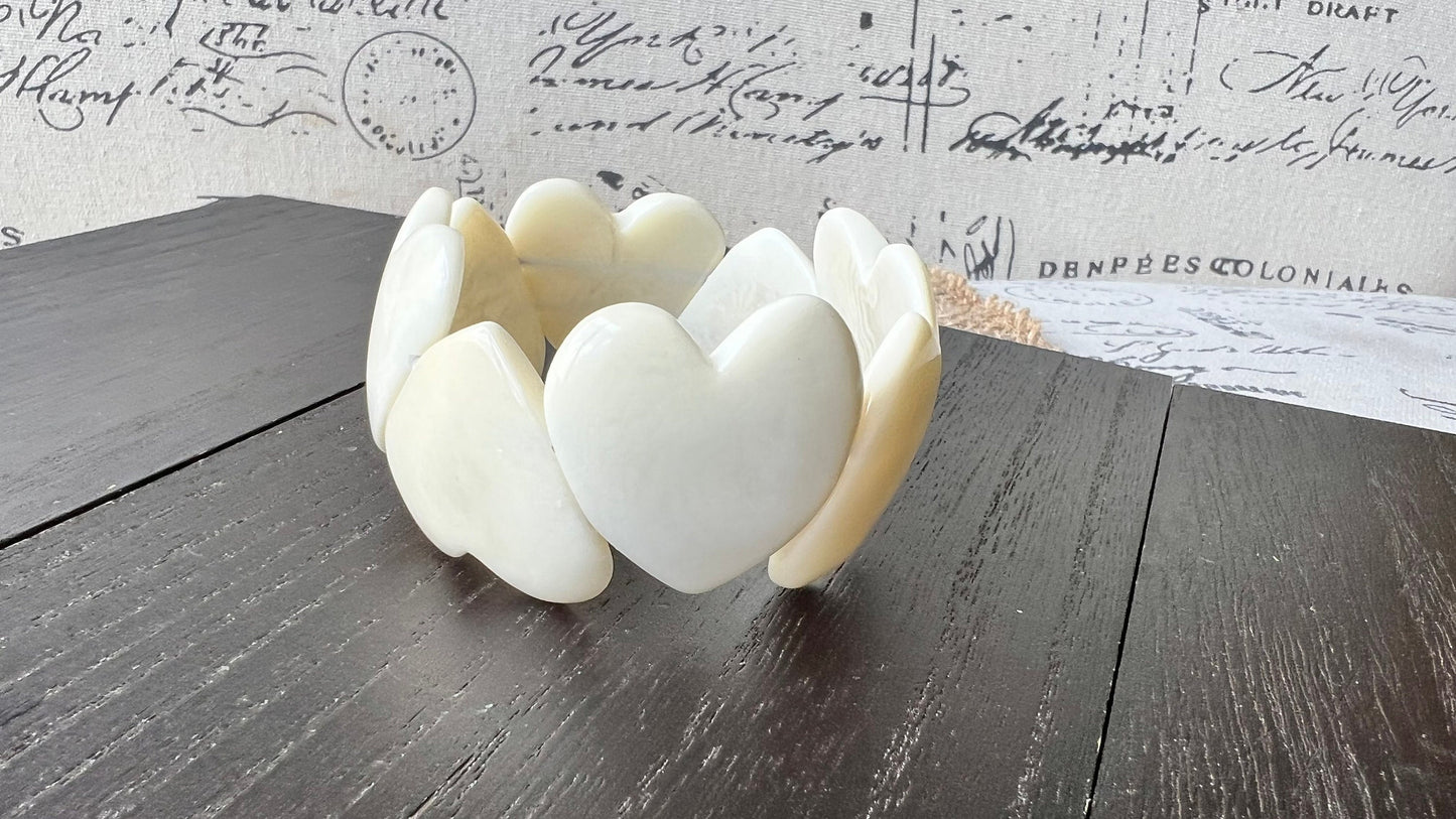 White heart shaped beads bracelet Wife 14 year wedding anniversary gifts Mother’s Day gifts Tagua jewelry Love bangle Fall fashion