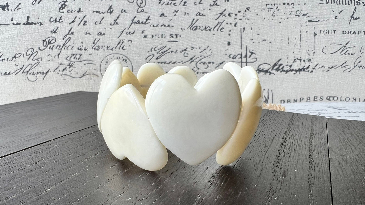 White heart shaped beads bracelet Wife 14 year wedding anniversary gifts Mother’s Day gifts Tagua jewelry Love bangle Fall fashion