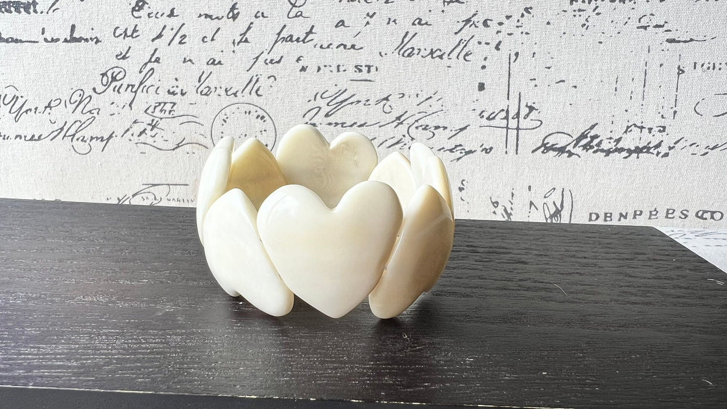 White heart shaped beads bracelet Wife 14 year wedding anniversary gifts Mother’s Day gifts Tagua jewelry Love bangle Fall fashion
