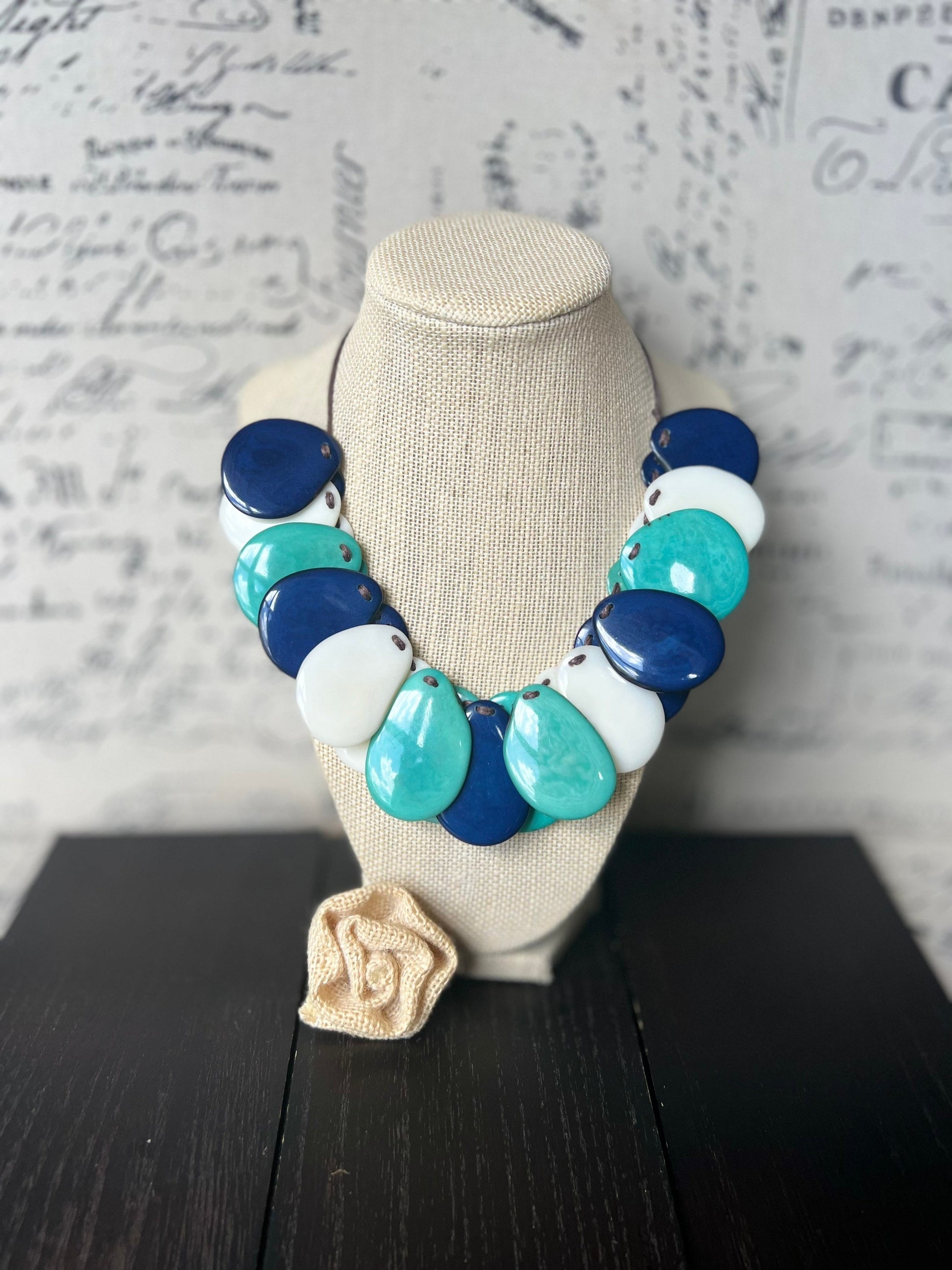 Turquoise Blue and White Tagua Statement Necklace: Adjustable Artsy Beaded Bib, Adjustable cord
