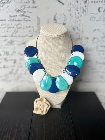 Turquoise Blue and White Tagua Statement Necklace: Adjustable Artsy Beaded Bib, Adjustable cord