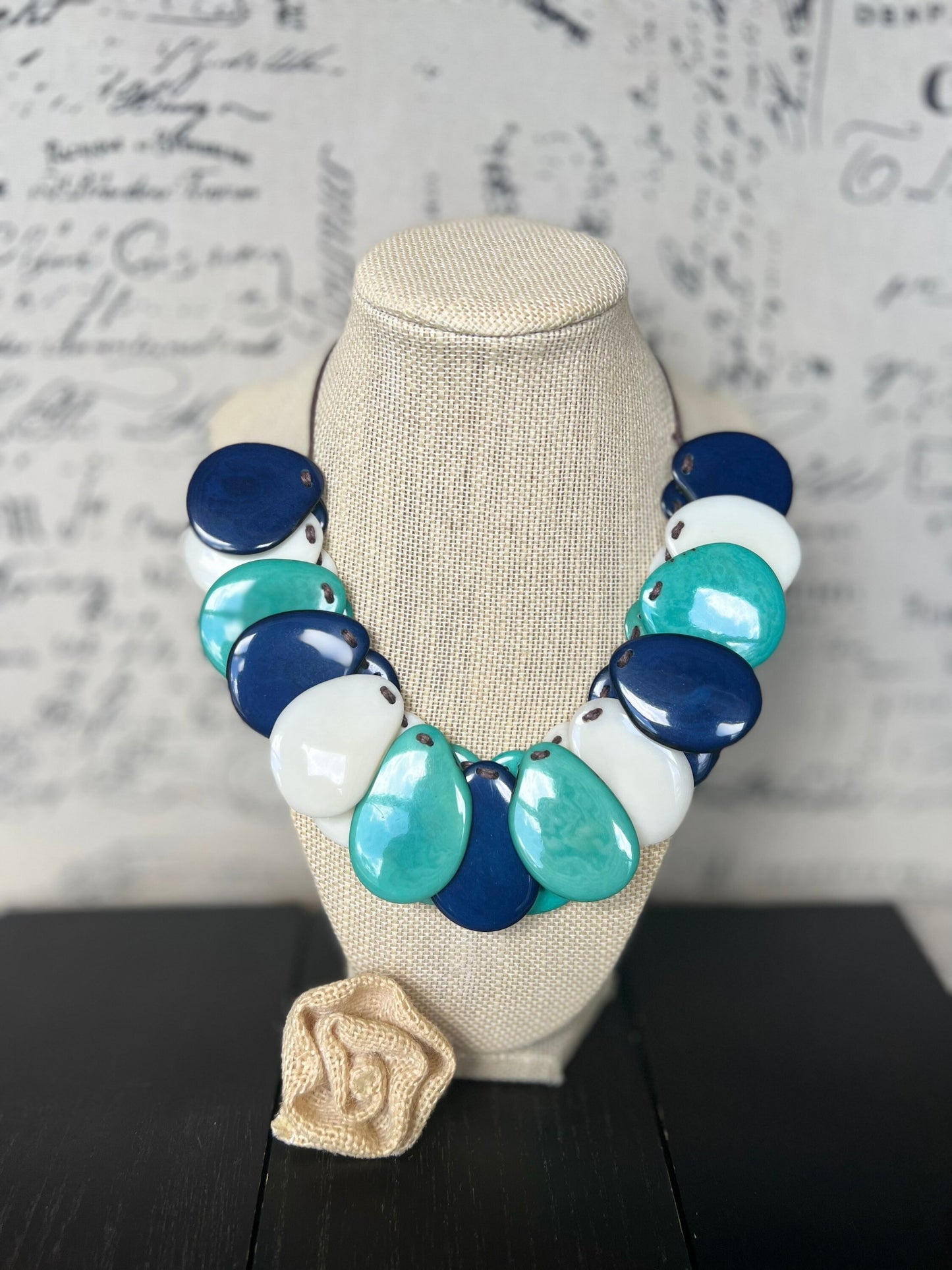 Turquoise Blue and White Tagua Statement Necklace: Adjustable Artsy Beaded Bib, Adjustable cord