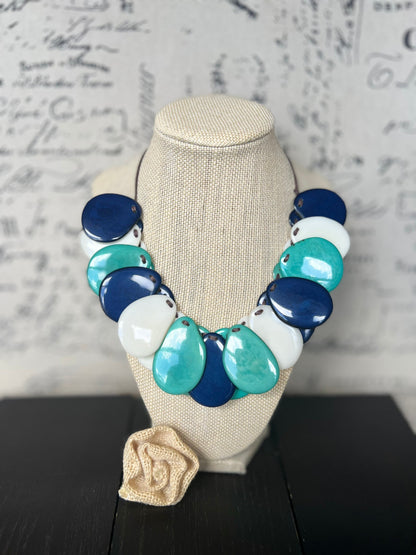 Turquoise Blue and White Tagua Statement Necklace: Adjustable Artsy Beaded Bib, Adjustable cord