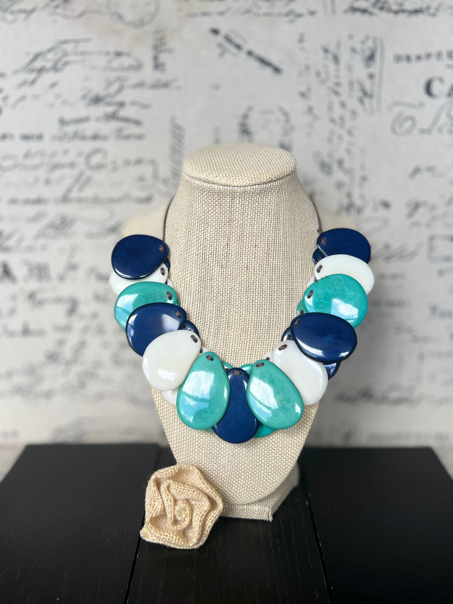 Turquoise Blue and White Tagua Statement Necklace: Adjustable Artsy Beaded Bib, Adjustable cord