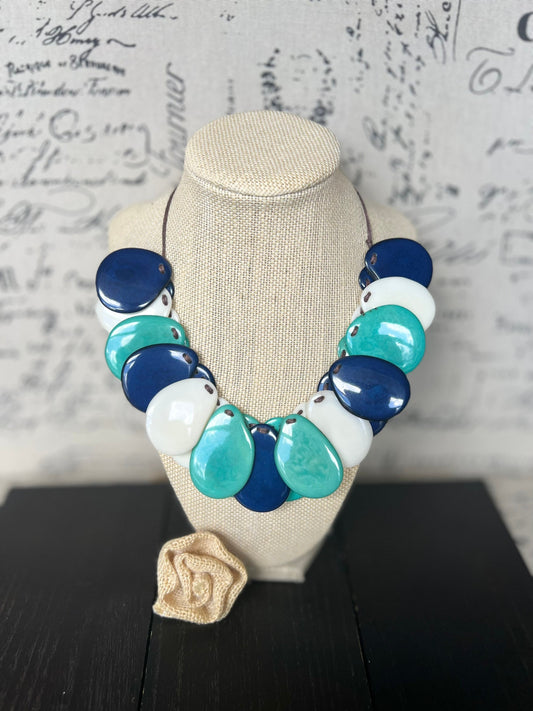 Turquoise Blue and White Tagua Statement Necklace: Adjustable Artsy Beaded Bib, Adjustable cord