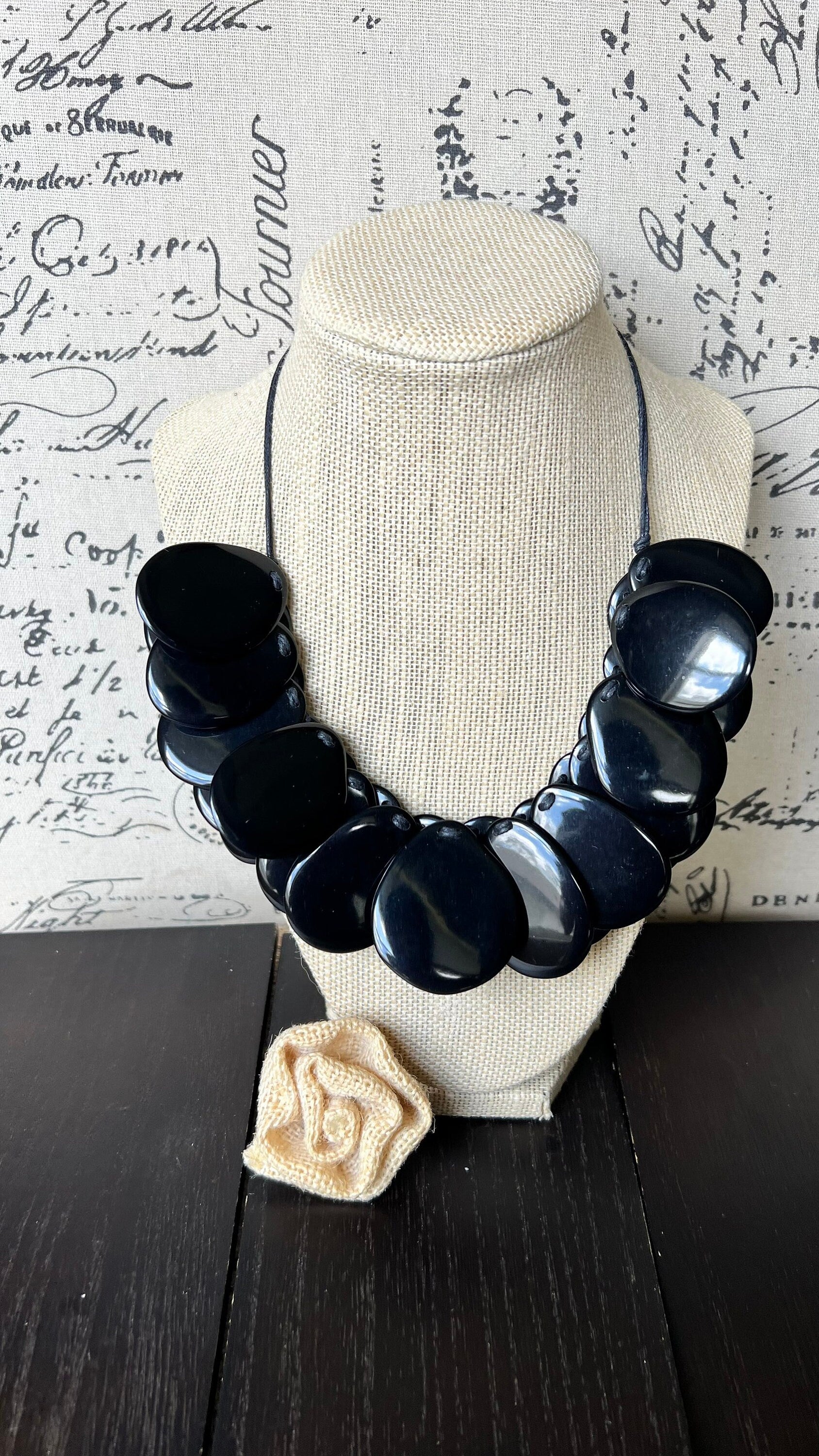 Black statement necklaceAdjustable cord Tagua necklace Mothers day gifts Wearable art Big bold necklace Art to wear Handmade beaded necklace