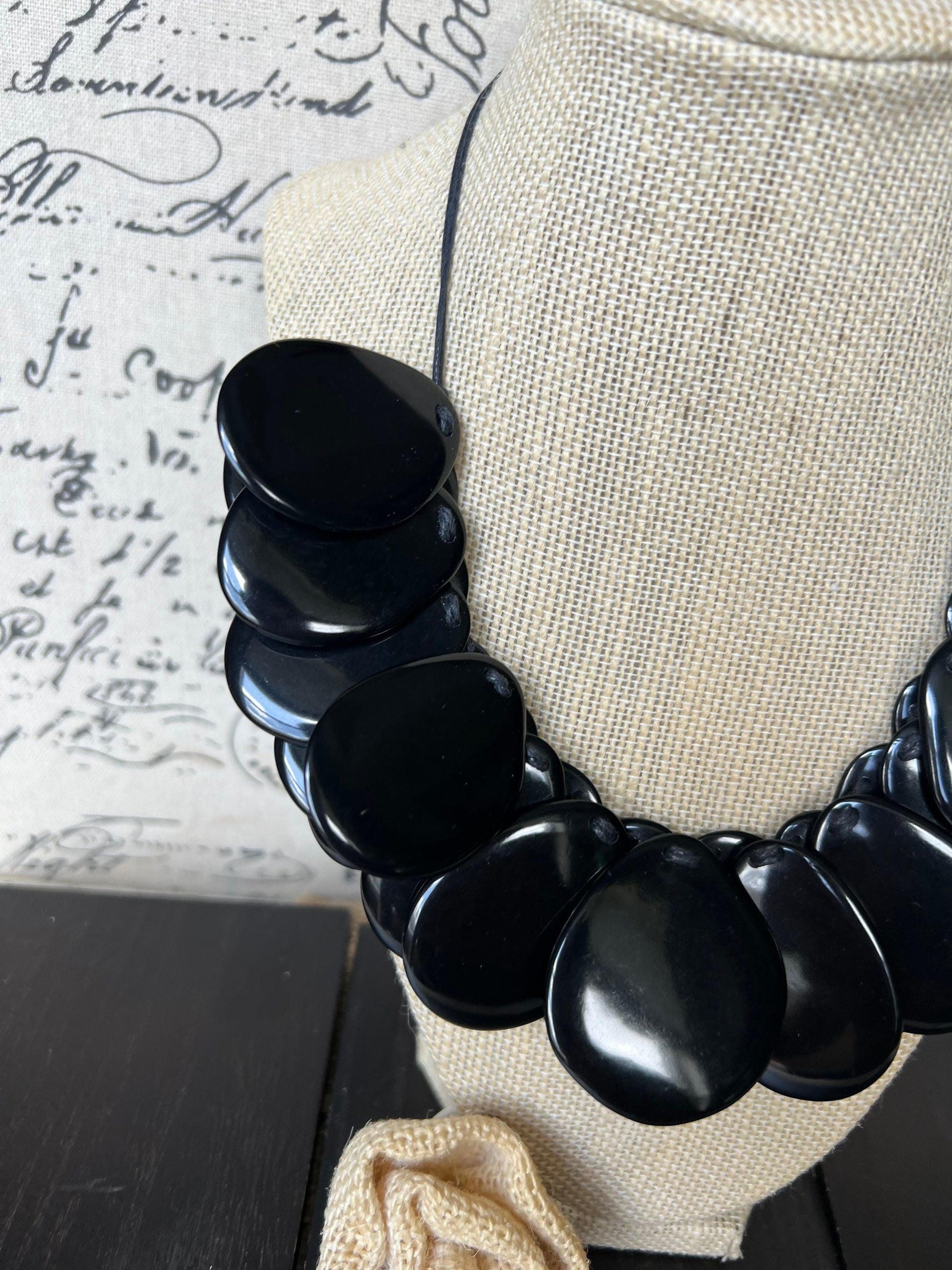 Black statement necklaceAdjustable cord Tagua necklace Mothers day gifts Wearable art Big bold necklace Art to wear Handmade beaded necklace