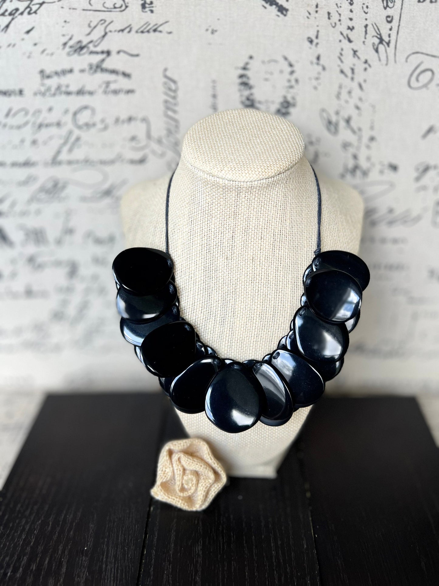 Black statement necklaceAdjustable cord Tagua necklace Mothers day gifts Wearable art Big bold necklace Art to wear Handmade beaded necklace
