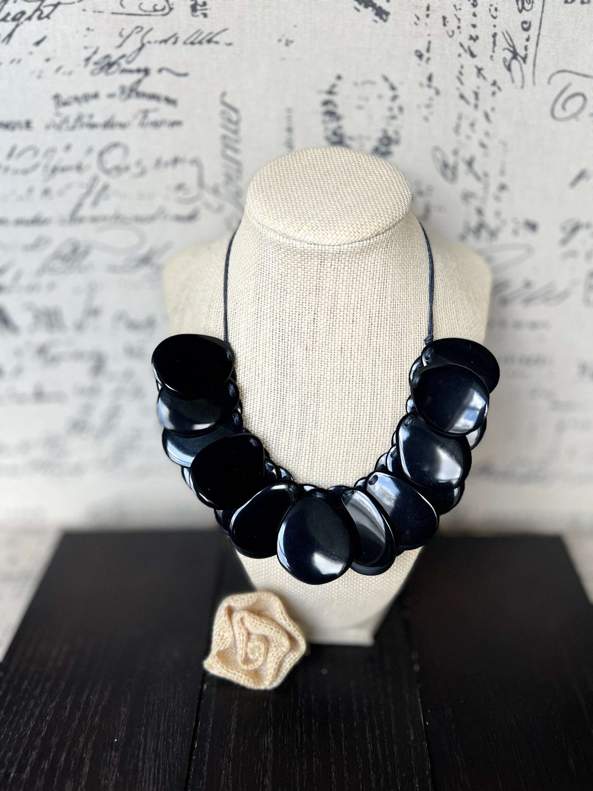 Black statement necklaceAdjustable cord Tagua necklace Mothers day gifts Wearable art Big bold necklace Art to wear Handmade beaded necklace