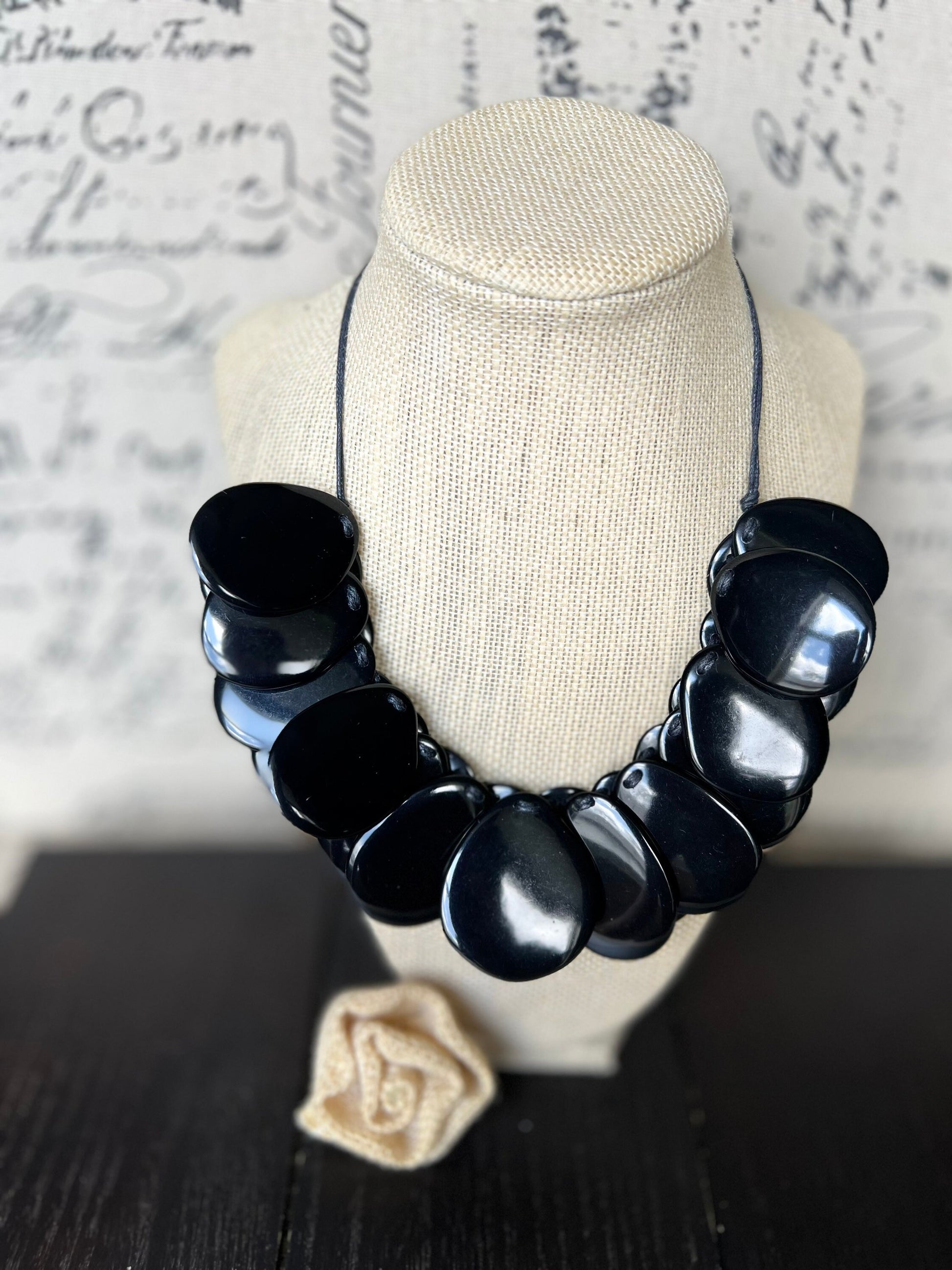 Black statement necklaceAdjustable cord Tagua necklace Mothers day gifts Wearable art Big bold necklace Art to wear Handmade beaded necklace